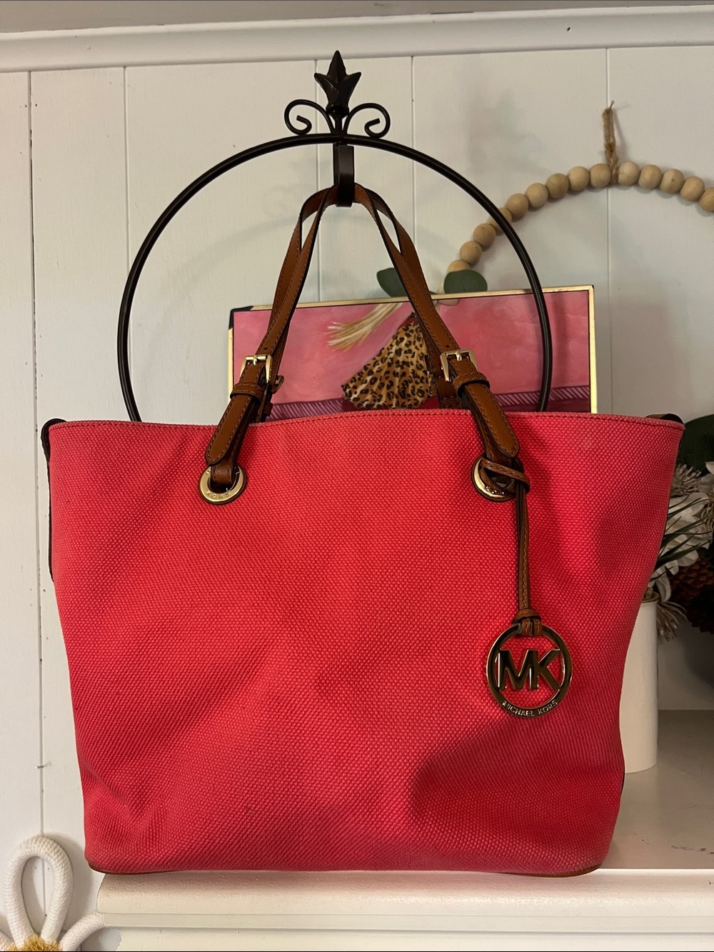 Michael Kors Jet Set CanvasTote Bag in coral with Brown Leather Straps